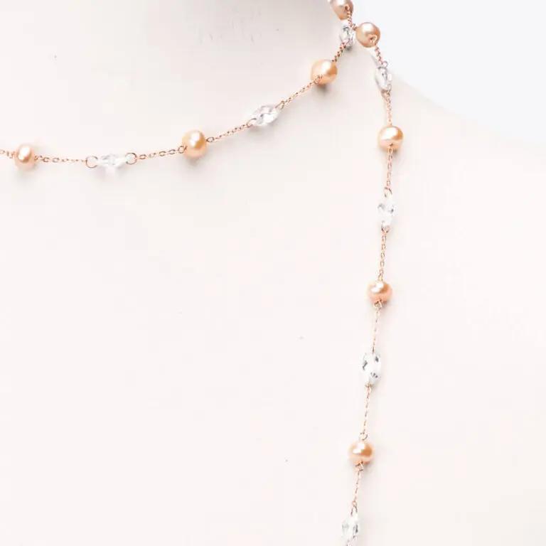 Collana lunga sottile oro rosa perle rosa zirconi 2