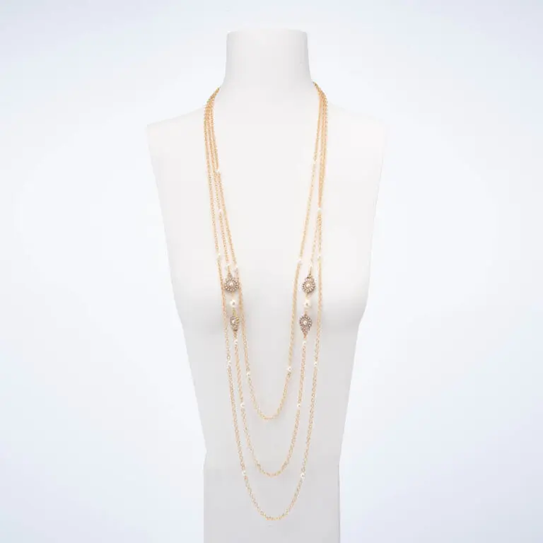 Collana lunga tre fili perle oro cristalli 1